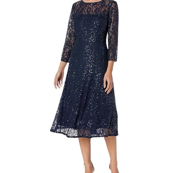 SLNY Dresses & Skirts - Elegant SLNY Navy Sequin Lace Midi Dress NWT!